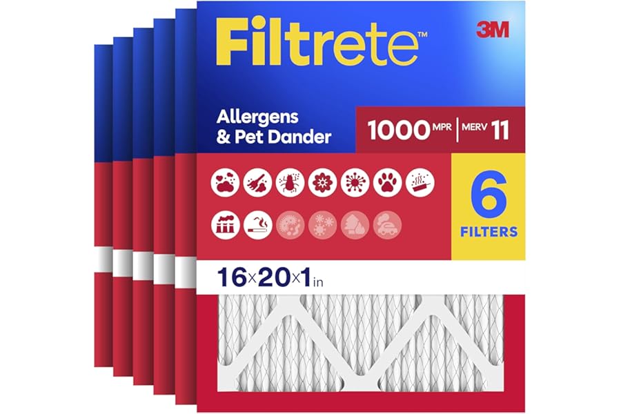Filtrete 16x20x1 Air Filter, MERV 11, MPR 1000, Allergens & Pet Dander, 3-Month AC and Furnace Filters, Cleaner Air, Reliable Airflow, 6 HVAC Filters (Actual Size 15.68 x 19.68 x 0.81 in)