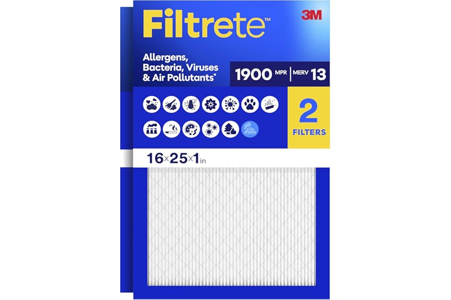 Filtrete 16x25x1 Air Filter, MERV 13 MPR 1900, Allergens, Bacteria, Viruses & Air Pollutants, 3-Month AC/Furnace Filters, Cleaner Air Reliable Airflow, 2 HVAC Filters(Act Size 15.62x24.62x0.78 in)