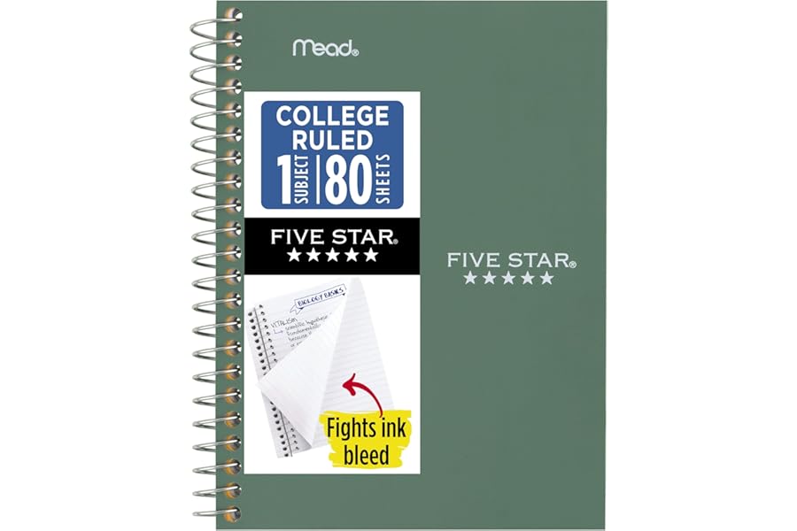 Five Star Spiral Notebook, 1 Subject, College Ruled Paper, 4-3/8" x 7", Personal Size, 80 Sheets, Fights Ink Bleed, Water Resistant Cover, Seaglass Green (450048CH1-ECM)
