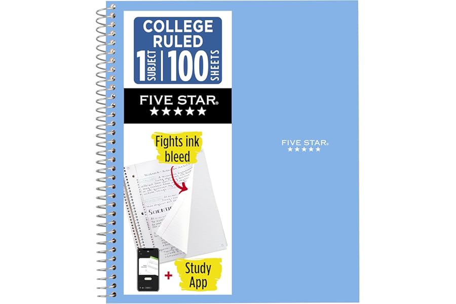 Five Star Spiral Notebook + Study App, 1 Subject, College Ruled Paper, 8.5" x 11", 100 Sheets, Blue (Color May Vary) (72565)