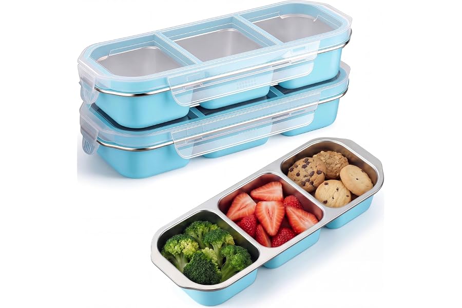 FoldTier 2 Pack Stainless Steel Snack Container for Adults 3-compartment Leak-proof Lunch Box for Work, Travel 10.6 x 4.1 x 2 Inch Stackable Reusable Metal Bento Box (Blue)