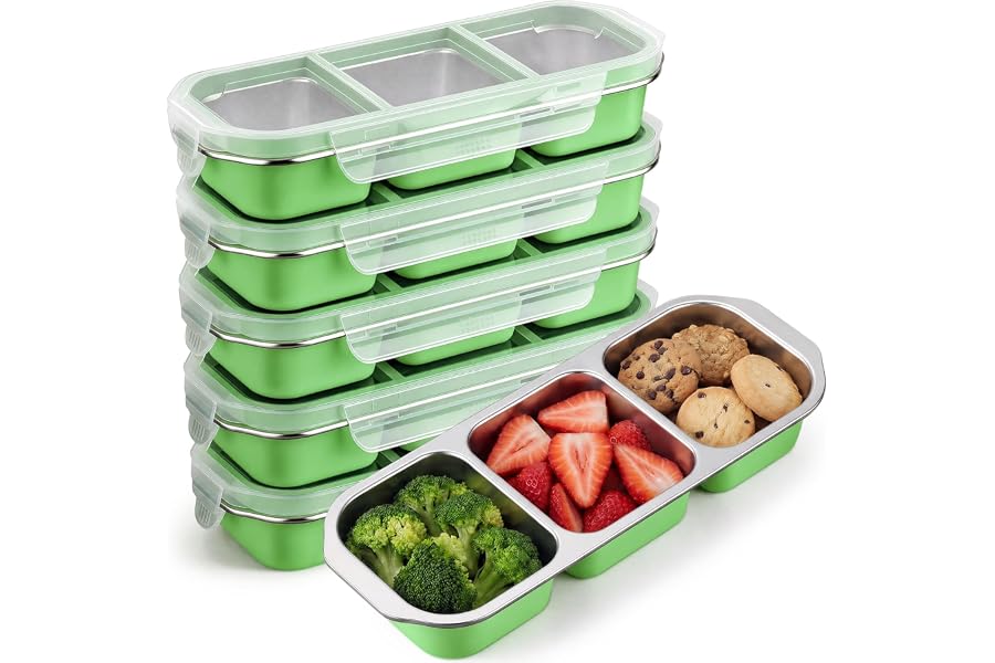 FoldTier 6 Pack Stainless Steel Snack Container for Adults 3-compartment Leak-proof Lunch Box for Work, Travel 10.6 x 4.1 x 2 Inch Stackable Reusable Metal Bento Box (Green)