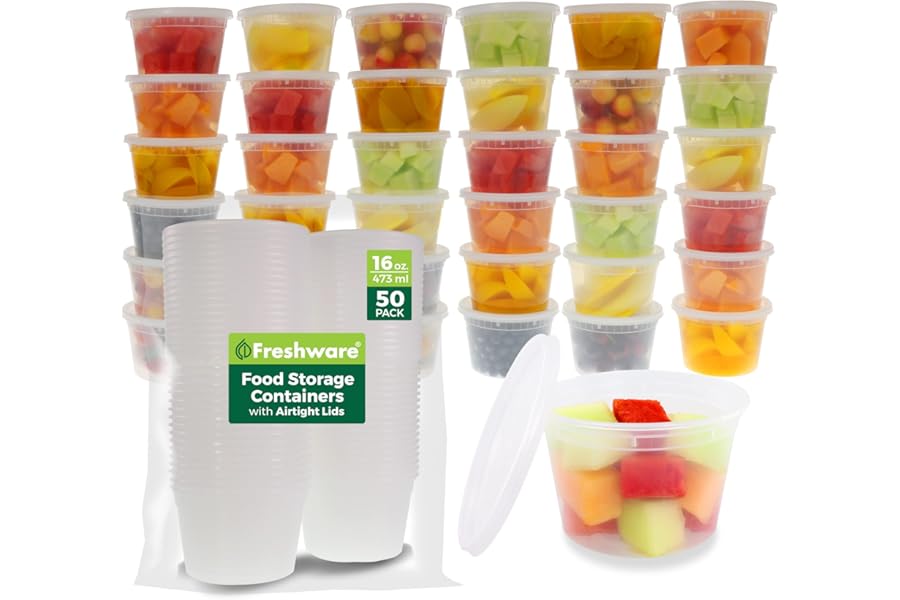 Freshware Food Storage Containers [50 Set] 16 oz Plastic Deli Containers with Lids, Slime, Soup, Meal Prep Containers | BPA Free | Stackable | Leakproof | Microwave/Dishwasher/Freezer Safe