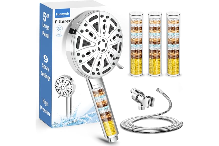 FunnyAir Filtered Handheld Shower Head, 9 Spray Modes High Pressure, 3 Replacement Filters Included, Hard Water Softener 20-Stage Filtration, Remove Chlorine, Relieve Dry Itchy Skin, 3 Filters-Chrome