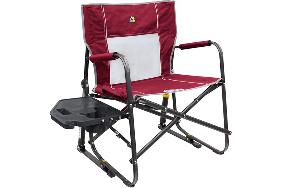 GCI OUTDOOR Freestyle Rocker XL with Side Table Camping Chair | Portable Folding Rocking Chair with Solid, Durable Armrests, Drink Holder & Comfortable Backrest — Red