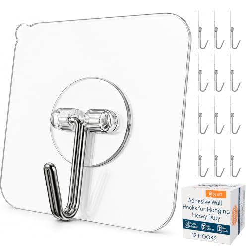 GLUIT Adhesive Wall Hooks for Hanging Heavy Duty 22 lbs Hooks for Walls No Drill, Towel Sticky Clear Hook, Waterproof, Home, Bathroom, Kitchen, Office, and Outdoor 12 Pack
