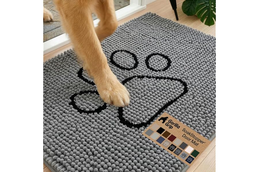 GORILLA GRIP SoakSTOPPER Dog Door Mat, 30x20 Machine Washable Rug Absorbent Doormat Captures Moisture Mud Dirt, Quick Dry Soft Chenille Entryway Rugs Indoor Entrance Mats for Dog Paws, Paw Grey