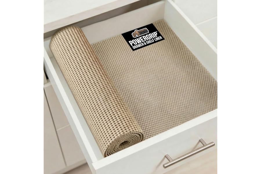 GORILLA GRIP powerGRIP Drawer Shelf and Cabinet Liner, Thick Strong Hold, Non-Adhesive Liners Protect Kitchen Cabinets and Cupboard, Bathroom Drawers, Easy Install Mat, 12" x20', Beige