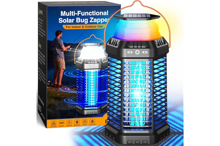 GTERT Solar Bug Zapper Outdoor – Ultra-Strong Fly & Mosquito Zapper, Solar-Powered Rechargeable Bug Zapper, Portable Cordless