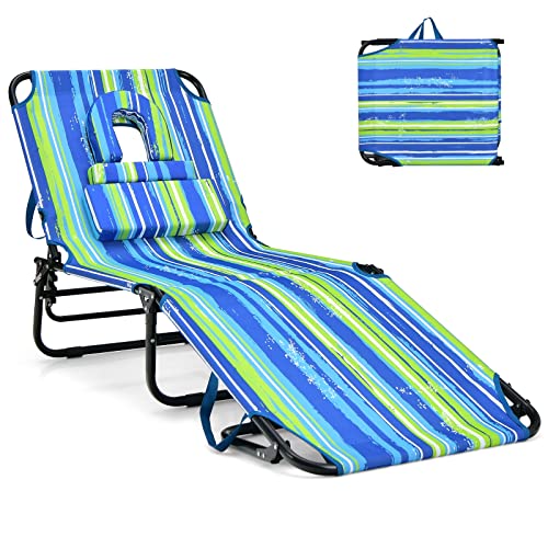 GYMAX Tanning Chair, 330lbs Beach Lounge Chair with Face Hole, Washable Pillow & Carry Strap, Adjustable Folding Chaise Lounge, Layout Chair for Outside, Patio, Poolside, Lawn (1, Stripe)