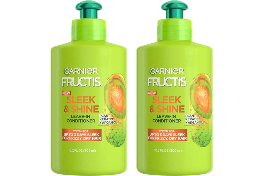 Garnier Fructis Sleek & Shine Leave-In Conditioner Cream, Anti-Frizz Hair Treatment with Plant Keratin + Argan Oil, Controls
