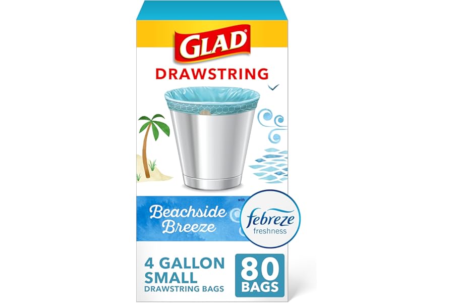 Glad Small Trash Bags 4 Gallon, Febreze Beachside Breeze Garbage Bags, Odor Resistant with Drawstring, 80 Count