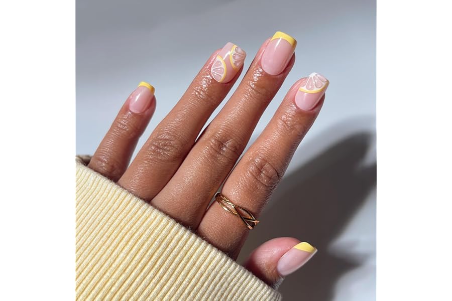 Glamnetic Press On Nails - Short Squoval Fake Nails with French Tips & Lemons | Salon Quality Summer Nails | Limonata |15 Sizes - 30 Nail Kit with Glue