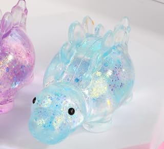Glitter Dinosaur Squeeze Squishy Gadget 4-Pack, Desk Sensory Object with Thick Density Core, Soft Stress Relieving Hand Exerciser for Adults Sensory Calm and Office Anxiety Relief (Blue Triceratops)