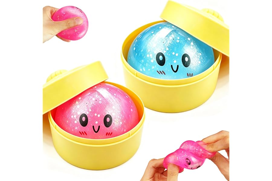Glitter Dumpling Squishy 2PCS Pink & Blue,Super Slow Rising TPR Stress Relief Toy, Dumpling Squishy Mystery Box for Adults Ki