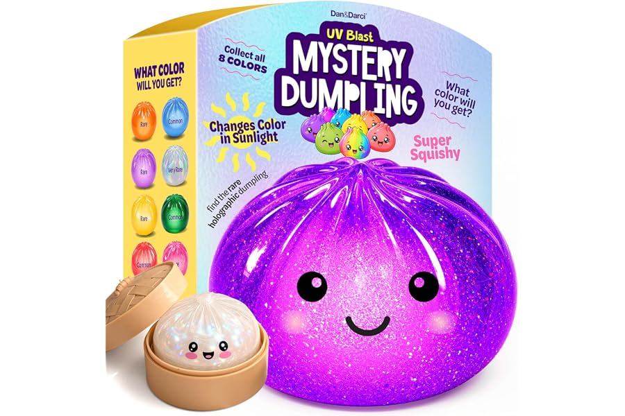 Glitter Dumpling Squishy Mystery Box - UV Color-Changing - Squishies Squeeze Toys - Squishys Big Dumplings Fidget Stress Sensory Toys - Gifts for Kids, Teens, Girls, Boys - Desk Toy