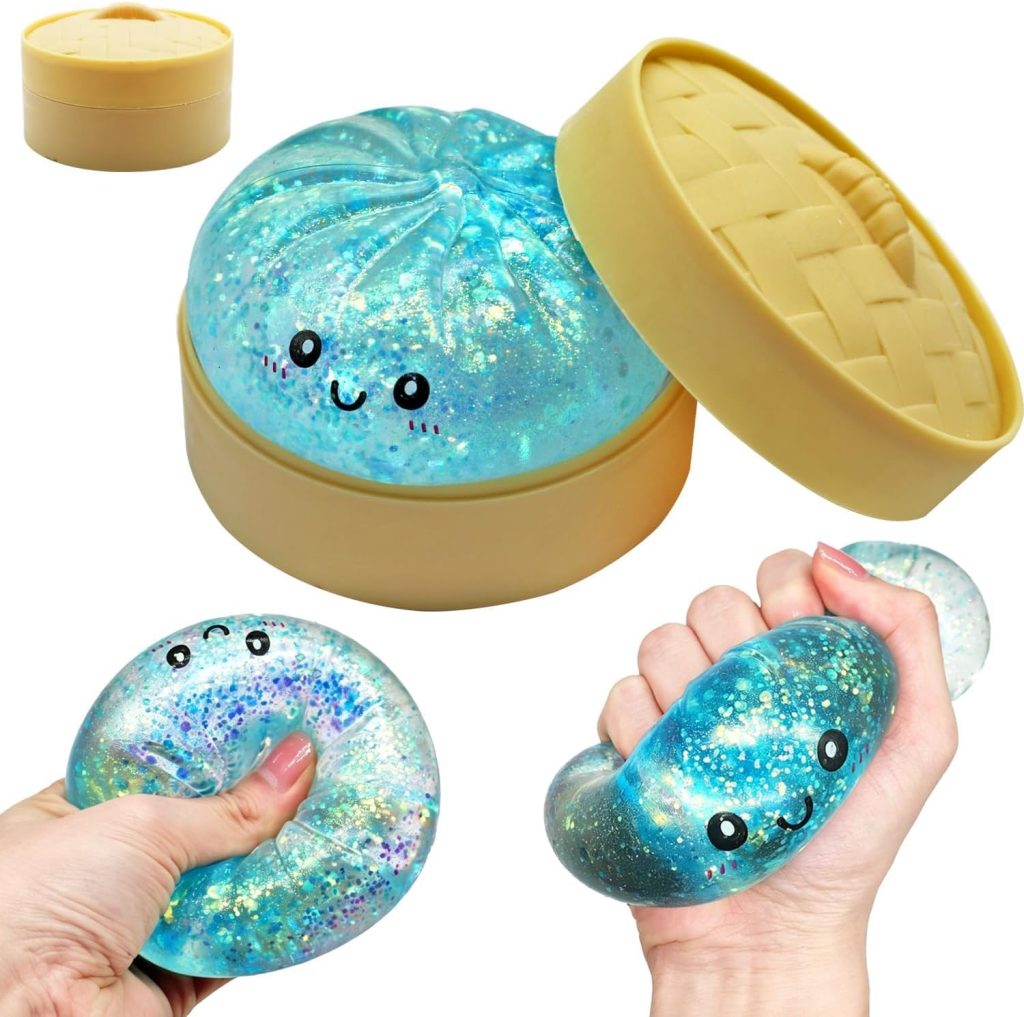 Glitter Dumpling Squishy, Paillettes Squishy Dumpling Ravioli, Cute Anxiety Relief Fidget Toy, Boulette Bao Anti-Stress Presser avec Cuiseur Vapeur, Jouets Anti-Stress pour Enfant Adulte（Bleu）