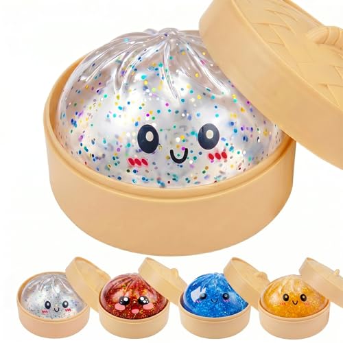 Glitter Dumpling Squishy Toy, Fidget Sensory Toys, Stress Ball for Anxiety Relief, Kawaii Squeeze Toy for Kids Adults, Desk Toy, Party Favors, Classroom Prizes, Bao Bun Squishy with Steamer