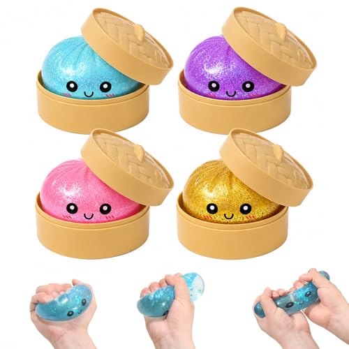 Glitter Squishy Dumpling Toy 4-Pack, Surprise Dumpling Squishy Mystery Box & Steamer, Cute Squeezy Sensory Fidget Toys, Bao Bun Stress Ball for Kids Adults Anxiety Relief, Party Favors, Birthday Gift