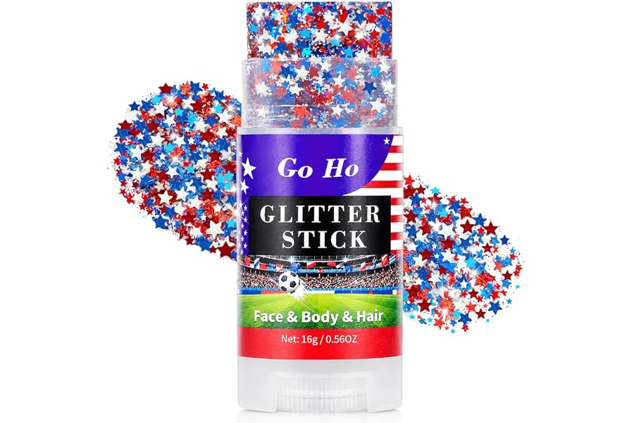 Go Ho Red White and Blue Star Face Glitter Stick,Waterproof Body&Hair Glitter,4th of July Accessories,Patriotic USA Flag Spar