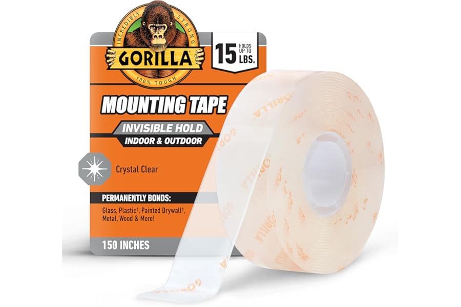 Gorilla Invisible Hold Mounting Tape, 1" x 150" (Pack of 1), Clear Double Sided Tape for Strong, Permanent Indoor & Outdoor Hanging