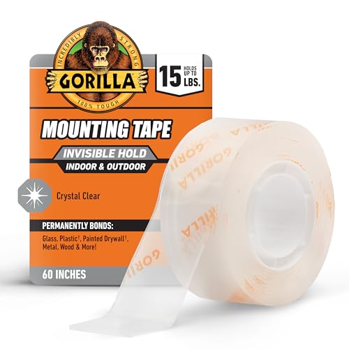 Gorilla Invisible Hold Mounting Tape, 1" x 60" (Pack of 1), Clear Double Sided Tape for Strong, Permanent Indoor & Outdoor Hanging