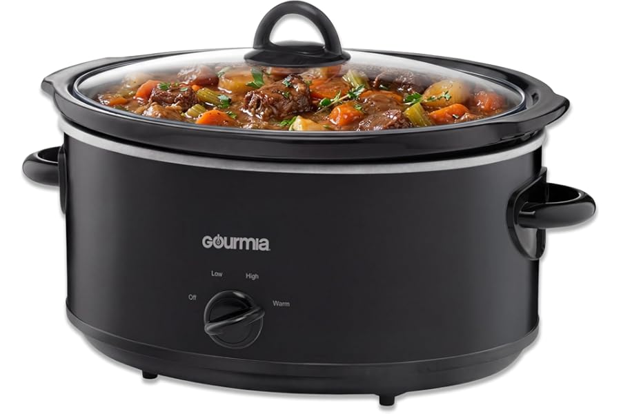 Gourmia Slow Cooker - 6 Quart Removable Ceramic Pot, Manual Controls with 3 Temperature Settings, Dishwasher Safe Crock and Glass Lid, Black