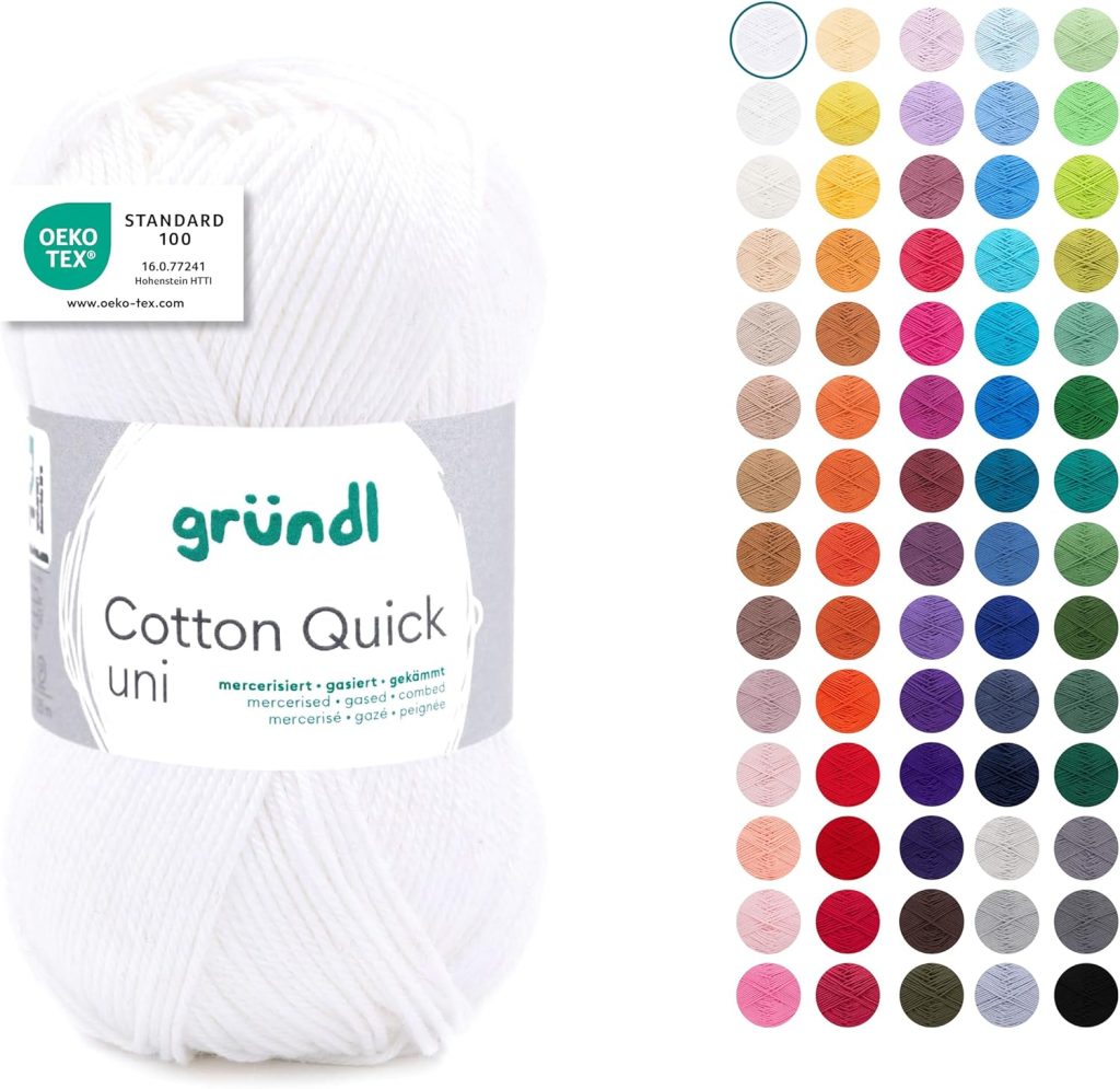 Gründl Laine Cotton Quick uni - laine fine pour crocheter - fil à tricoter – fil à crocheter – brillant et doux pour la peau – 100% coton – 1 pelote 50 g / 125 m – taille d’aiguille 3-4 - blanc