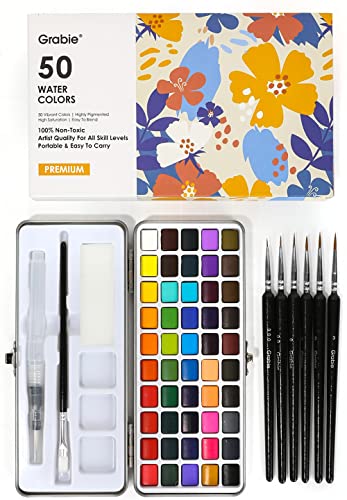 Grabie 50 Colors Watercolor Paint Set, Detail Paint Brush Included, Watercolor Paints, Painting Sets, Art Supplies for Painting, Travel Watercolor Set, Amateur Hobbyists