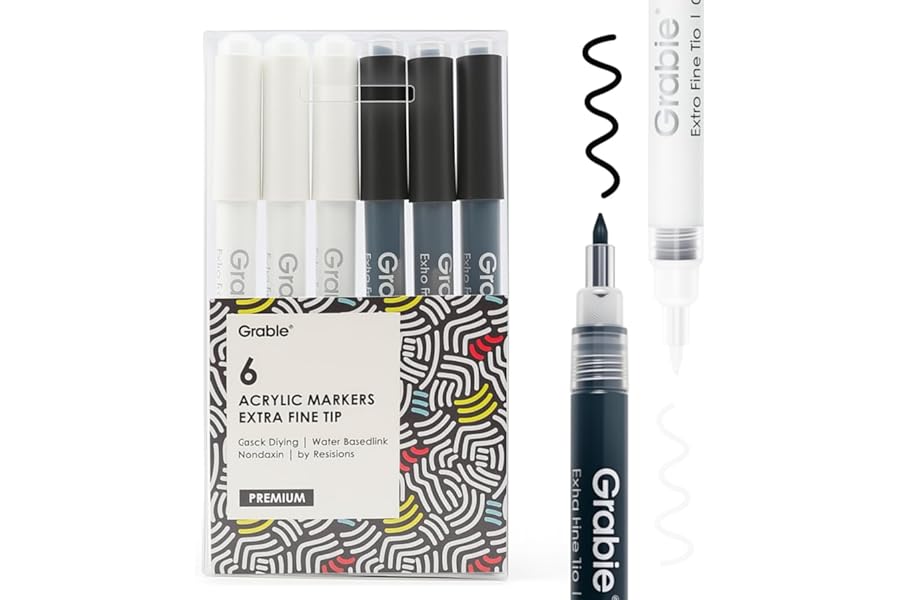 Grabie Black & White Extra Fine Tip Acrylic Paint Marker Set, 6 Pack, 0.7mm Acrylic Paint Pens for Highlights and Fine Details on Drawings, Rock Painting Glass Canvas Wood, White Highlight Markers