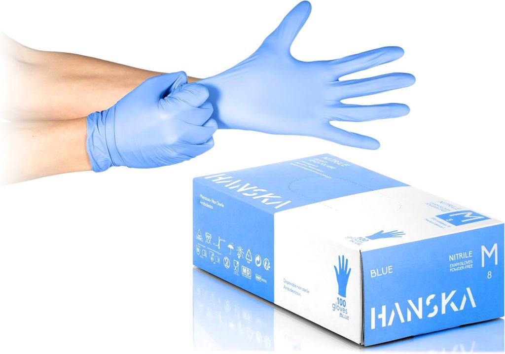 HANSKA Lot de 100 gants jetables nitrile bleu – sans poudre – jetables – ambidextres – non stériles – Base en caoutchouc – Convient pour les domaines médicaux, la manipulation des aliments (100, M)