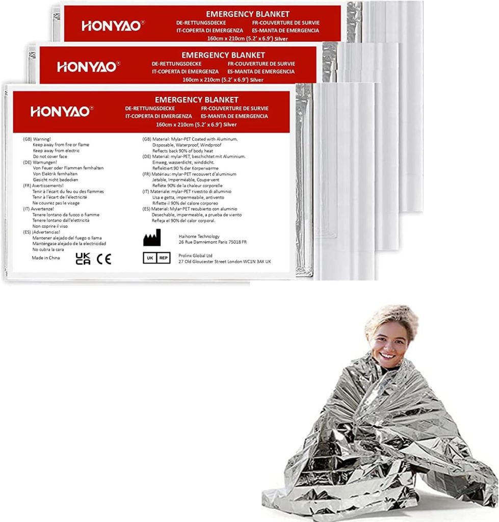 HONYAO Couverture de Survie 3 Pièces, 210×160 cm, Réutilisable Extra Large, CouvertureThermique Argenté, Couverture d'urgence pour l'extérieur, Randonnée, Survie, Marathons, Premiers Secours
