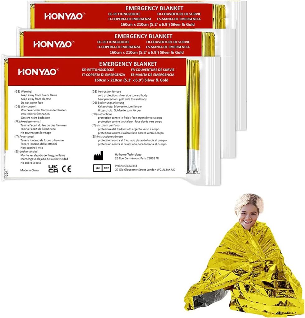 HONYAO Couverture de Survie 3 Pièces, 210×160cm, Réutilisable Extra Large, CouvertureThermique Or Argenté, Couverture d'urgence pour l'extérieur, Randonnée, Survie, Marathons, Premiers Secours