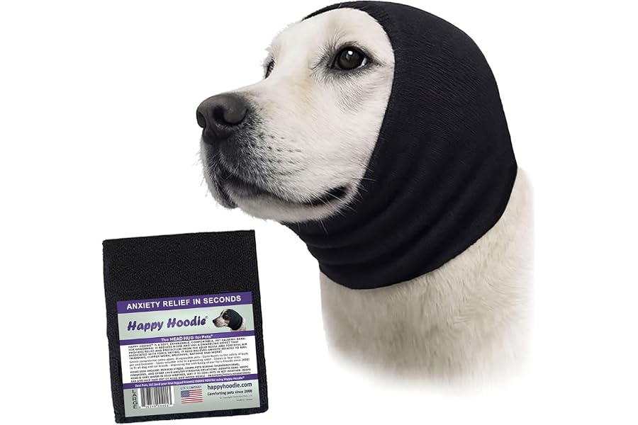 Happy Hoodie The Original Dog & Cat Calming Band - American Brand - Anxiety Relief/Noise Protection - Grooming - Thunder - Fireworks (Large, Black) - Since 2008