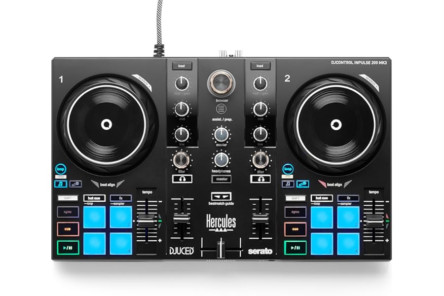 Hercules DJControl Inpulse 200 MK3 DJ Controller, 2 Deck DJ Mixer with Jog Wheels, Pads, Crossfader, Beginner DJ Equipment with Tutorials and Streaming, Compact Portable DJ Board, Compatible with PC