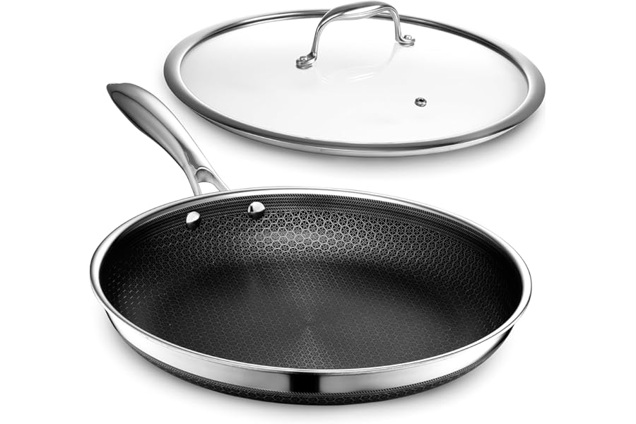 HexClad 12 Inch Hybrid Nonstick Frying Pan with Lid, Stay-Cool Handle, Dishwasher and Oven Safe, Induction Ready, Frying Pan Skillet Compatible with All Cooktops