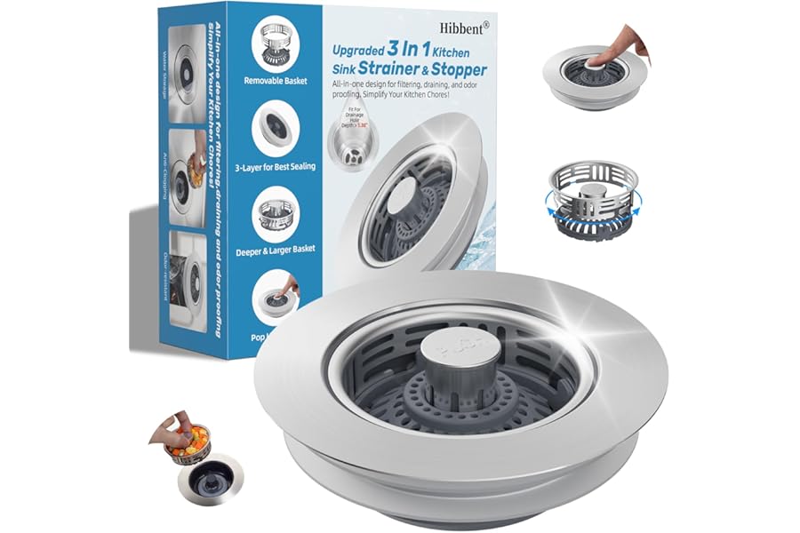 Hibbent Upgraded 3 in 1 Kitchen Sink Drain Strainer, Stainless Steel Pop Up Sink Stopper, Larger Anti-Clogging Basket, 3-Laye