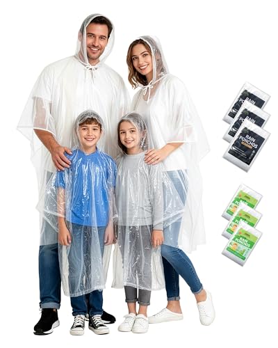 Hitituto Rain Ponchos Family Pack – Disposable Poncho for Kids&Adults with Drawstring Hood, Waterproof, Lightweight & Breathable, Clear & Assorted Colors – Emergency Raincoat for Travel, Theme Parks