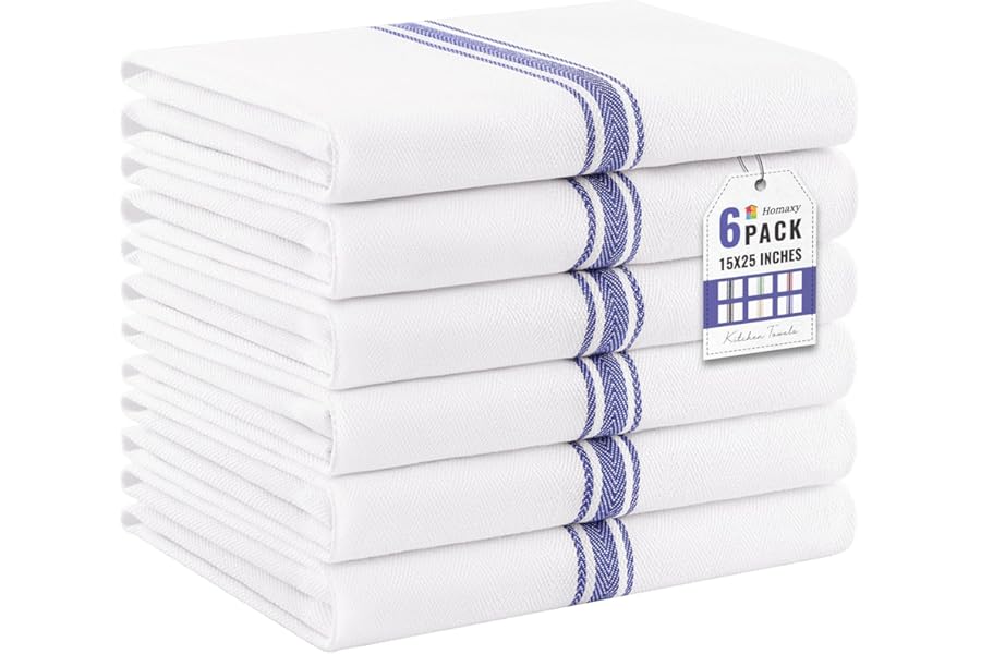 Homaxy Kitchen Towels 6 Pack, 15 x 25 Inch, 100% Ring Spun Cotton Highly Absorbent Dish Towels for Kitchen Drying, Reusable Cleaning Cloths, Soft Tea Towel with Hanging Loop, Blue Stripe