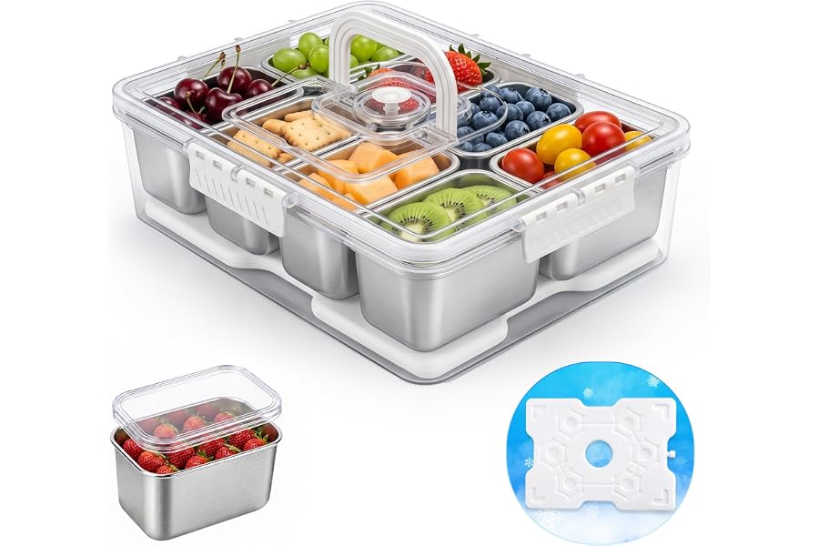 Homelove Snackle Box Container with Ice-Pack, Snack Container Divided Serving Tray with 8-Compartment Snack Platter, Lid and Handle, Food Organizer for Outdoor Travel Party Beach Picnic