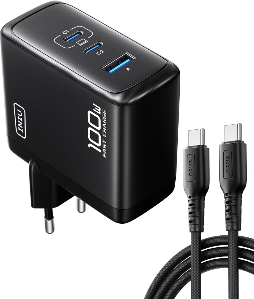 INIU Cargador USB C GaN 100W, 3-Puertos Cargador Rápido Compacto con Cable USB C de 100W 1.5m, Cargador de Viaje para Portátil MacBook Pro Air 14, iPhone 17 16 Pro Max iPad Samsung S26 S25 Ultra Pixel
