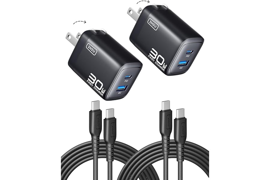 INIU Mini USB C Charger, 30W GaN Fast Charging ETL Certified Wall Adapter Block with Samrt Phone Protection, Dual Port with 5ft Type C Cable for iPhone 17 iPad Samsung Google Pixel Switch etc [2-Pack]