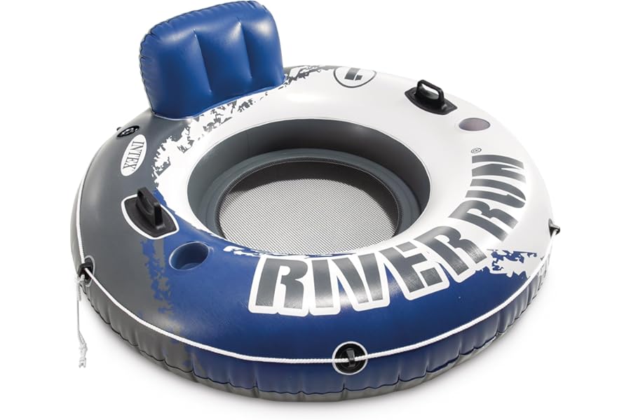 INTEX 58825EP River Run 1 Inflatable Floating Lounge: Comfortable Backrest – Built-in Cup Holders – Durable Grab Handles – All Around Grab Rope – 220lb Weight Capacity