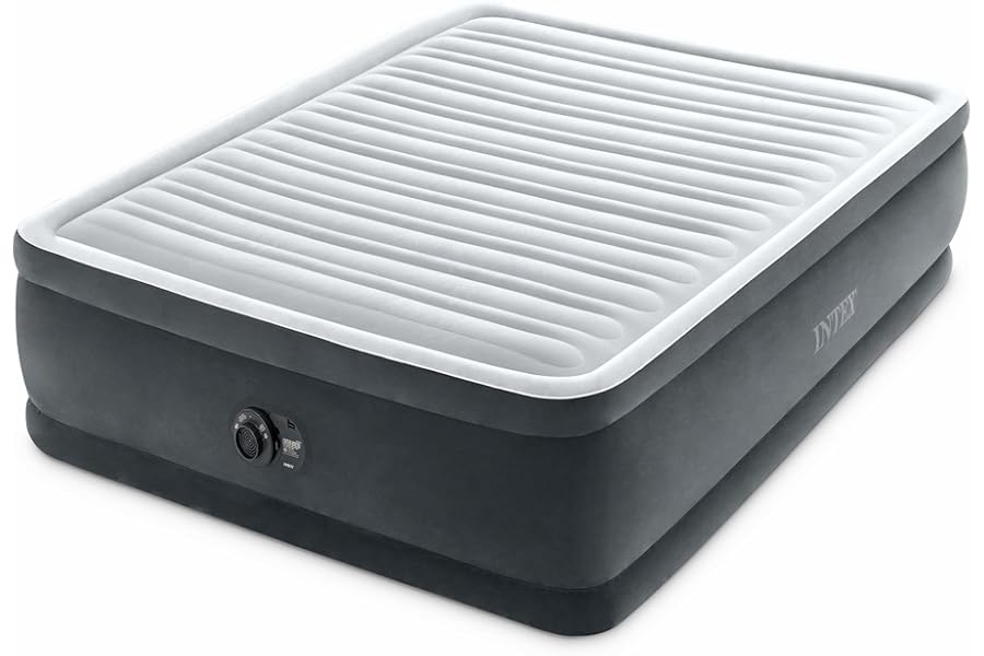 INTEX Dura-Beam Deluxe Comfort-Plush Elevated: Fiber-Tech – Queen Size – Built-in Electric Pump – 18in Bed Height – 600lb Weight Capacity