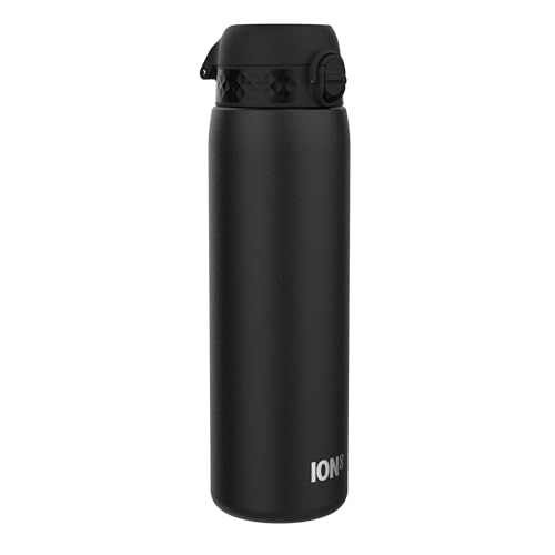 ION8 1 Liter Lichtgewicht Stalen Waterfles, Zonder Isolatie, Lekvrij, Makkelijk te Openen, Veilige Vergrendeling, Draaghendel, Vaatwasserbestendig, Duurzame, 1200ml (40oz), Zwart