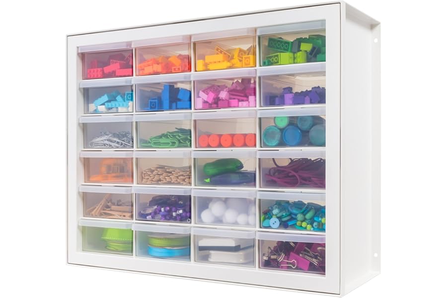 IRIS USA 24-Drawer Plastic Storage Organizer, Made in USA, Teacher Toolbox, Multi Drawer Cabinet For Beads Balloons Building Bricks Crafts Stickers Small Business Scrapbook Art Garage Tools, White
