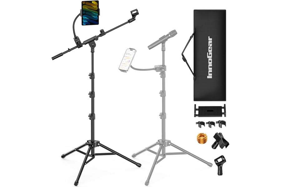 InnoGear Microphone Stand Floor, Adjustable Tripod Boom Mic Stand with Tablet Phone Holder Carrying Bag 2 Mic Clips 3/8" to 5