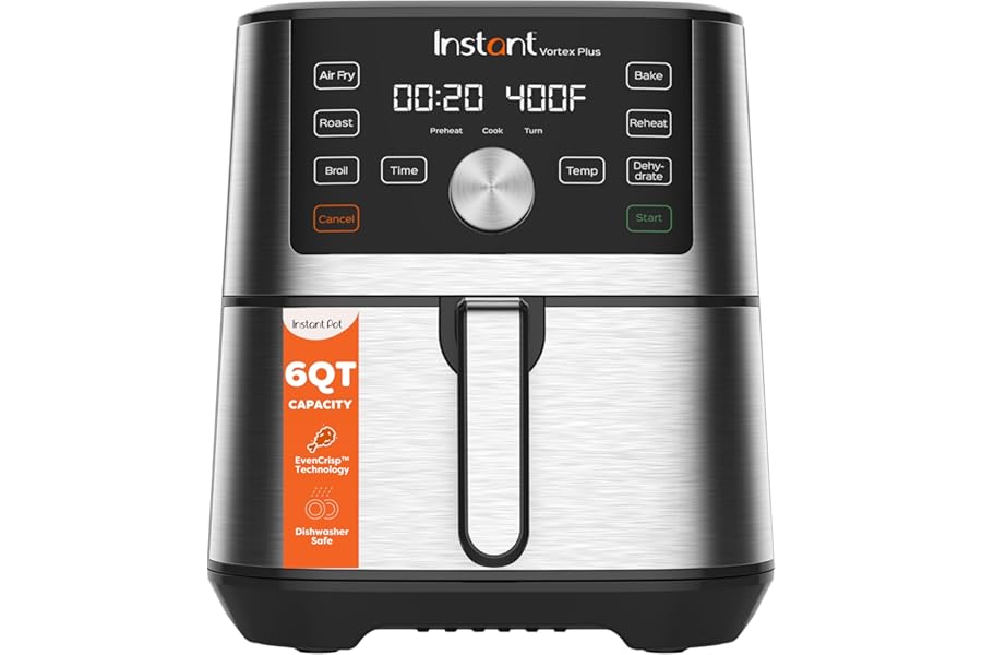 Instant Pot 6QT VORTEX Plus Air Fryer, 6-in-1, Air Fry, Broil, Dehydrate, Crisp, Roast, Reheat, Bake, Dishwasher-Safe Airfryer basket, from the Makers of Instant Pot, Stainless Steel