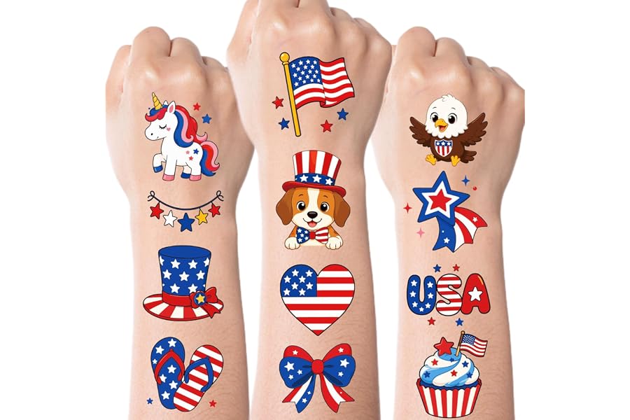 JCFIRE 4th of July Temporary Tattoos for Kids Adults, Cute Independence Day Fake Tattoos Stickers, Fourth of July Red White and Blue 4th of July Accessories for Women Girls Party Favors