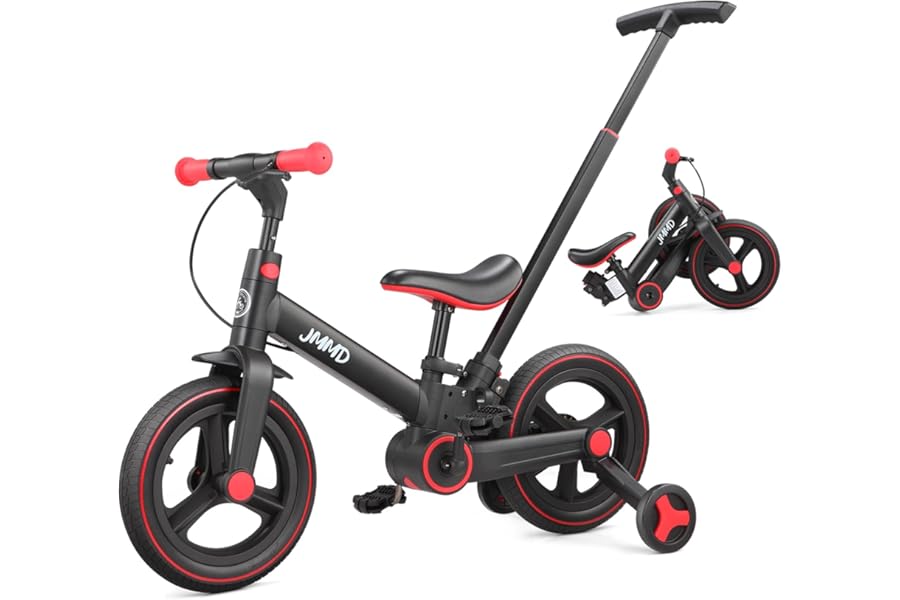 JMMD 6 in 1 Toddler Bike with Push Handle for Kids 18-60 Months, 12" Foldable Balance Bike with Training Wheels, Pedals, Brak